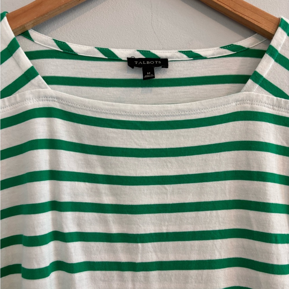 Talbots Green and White Striped Peplum Hem Square Neckline Top Size M - Picture 5 of 5